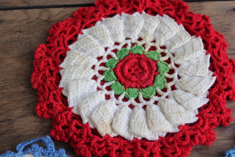 photo of 1940s - 50s vintage cotton crochet potholders, red white blue hot pad mats #6