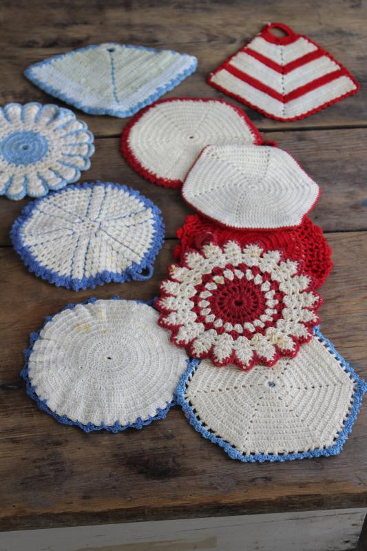 photo of 1940s - 50s vintage cotton crochet potholders, red white blue hot pad mats #7