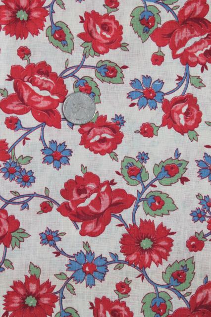 photo of 1940s 50s vintage cotton fabric, retro floral red roses flowered print #1