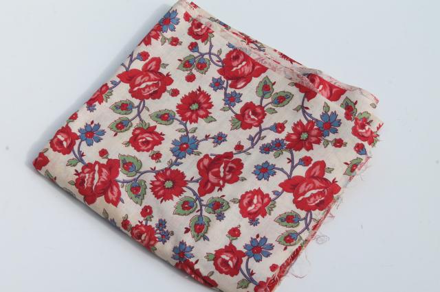 photo of 1940s 50s vintage cotton fabric, retro floral red roses flowered print #3