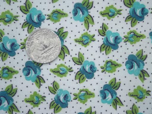 photo of 1940s 50s vintage cotton feed sack fabric, aqua blue roses print floral #1