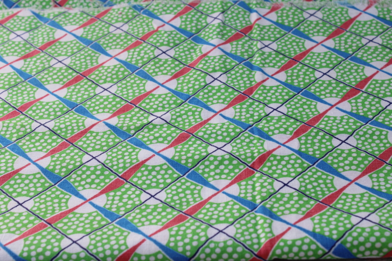 photo of 1940s 50s vintage cotton feed sack fabric, dots & red & blue ribbons on green print #1