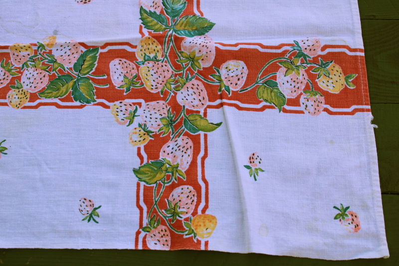 photo of 1940s 50s vintage cotton flour sack, pink and yellow strawberries print, large dish towel or small tablecloth  #2