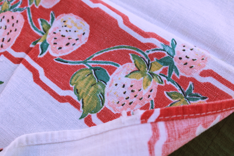 photo of 1940s 50s vintage cotton flour sack, pink and yellow strawberries print, large dish towel or small tablecloth  #3