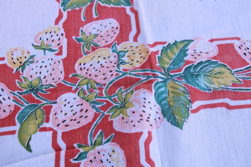 photo of 1940s 50s vintage cotton flour sack, pink and yellow strawberries print, large dish towel or small tablecloth  #4