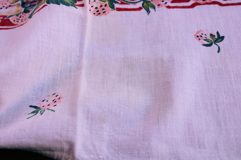 photo of 1940s 50s vintage cotton flour sack, pink and yellow strawberries print, large dish towel or small tablecloth  #5