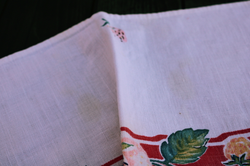 photo of 1940s 50s vintage cotton flour sack, pink and yellow strawberries print, large dish towel or small tablecloth  #6