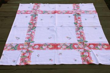 catalog photo of 1940s 50s vintage cotton flour sack, pink and yellow strawberries print, large dish towel or small tablecloth 