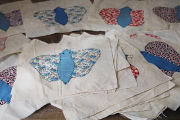 catalog photo of 1940s 50s vintage cotton print applique embroidered quilt blocks, 30 squares all butterflies