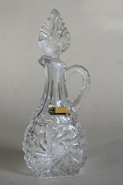 photo of 1940s 50s vintage cut lead crystal cruet bottle w/ stopper, Western Germany label #1