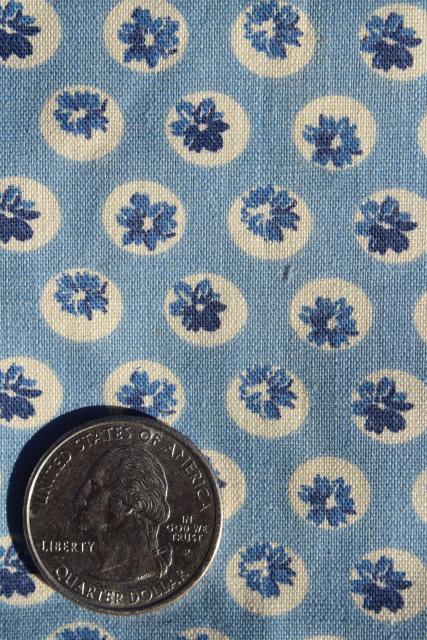 photo of 1940s 50s vintage fabric, cotton print flower dot retro polka dots blue & creamy white #1