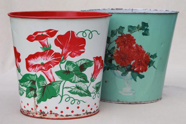 photo of 1940s 50s vintage floral print metal wastebaskets, shabby pretty flowered trash cans #1