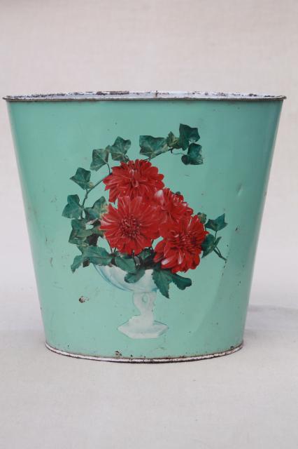 photo of 1940s 50s vintage floral print metal wastebaskets, shabby pretty flowered trash cans #2