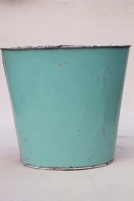 photo of 1940s 50s vintage floral print metal wastebaskets, shabby pretty flowered trash cans #3