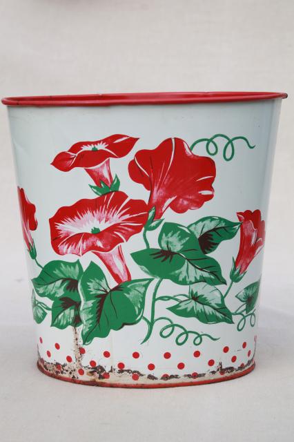 photo of 1940s 50s vintage floral print metal wastebaskets, shabby pretty flowered trash cans #4