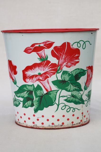 photo of 1940s 50s vintage floral print metal wastebaskets, shabby pretty flowered trash cans #5