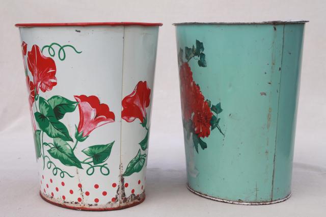 photo of 1940s 50s vintage floral print metal wastebaskets, shabby pretty flowered trash cans #6