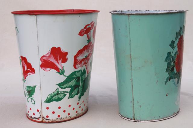 photo of 1940s 50s vintage floral print metal wastebaskets, shabby pretty flowered trash cans #7