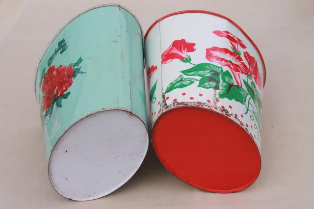 photo of 1940s 50s vintage floral print metal wastebaskets, shabby pretty flowered trash cans #9