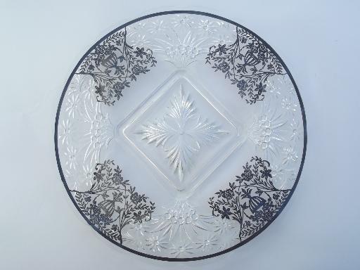 photo of 1940s - 50s vintage footed cake plate, vintage silver overlay glass #1