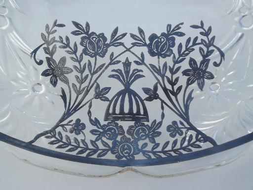 photo of 1940s - 50s vintage footed cake plate, vintage silver overlay glass #4