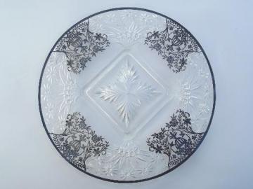 catalog photo of 1940s - 50s vintage footed cake plate, vintage silver overlay glass