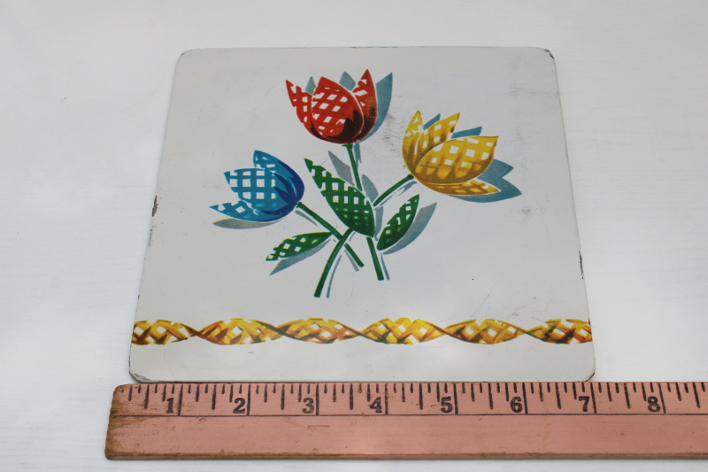 photo of 1940s 50s vintage gingham checked tulips print metal tile kitchen trivet, Pro Tex USA  #3