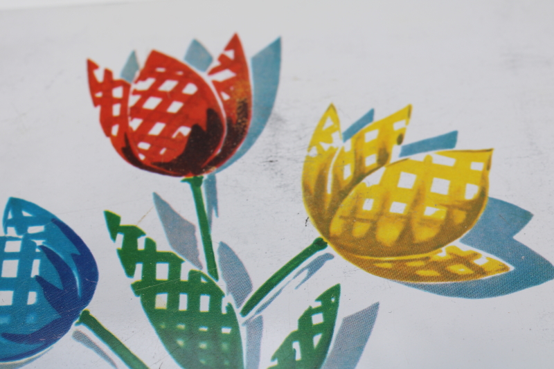 photo of 1940s 50s vintage gingham checked tulips print metal tile kitchen trivet, Pro Tex USA  #4