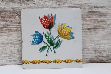 1940s 50s vintage gingham checked tulips print metal tile kitchen trivet, Pro Tex USA 
