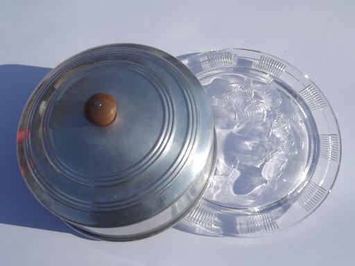 photo of 1940s 50s vintage glass cake plate w/ aluminum dome cake cover #5