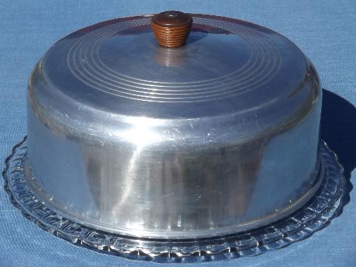 photo of 1940s 50s vintage glass cake plate w/ aluminum dome cake cover #1