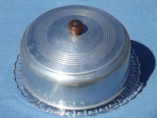 photo of 1940s 50s vintage glass cake plate w/ aluminum dome cake cover #6