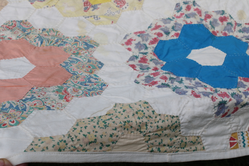 photo of 1940s 50s vintage grandma's flower garden quilt colorful cotton feed sack print hexies hand stitched quilting  #2