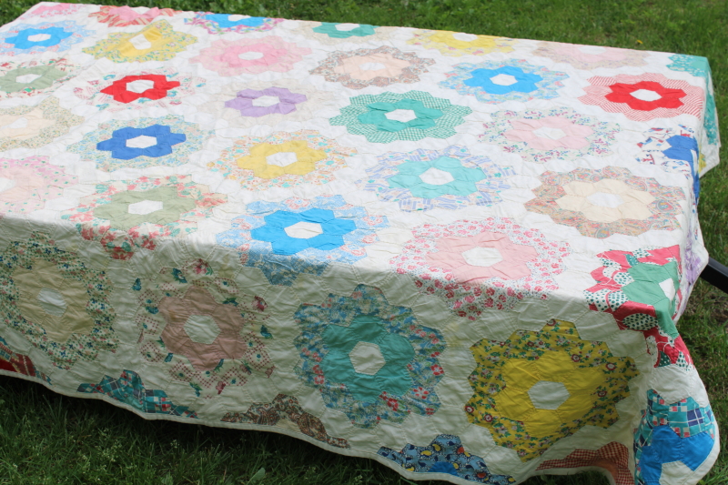 photo of 1940s 50s vintage grandma's flower garden quilt colorful cotton feed sack print hexies hand stitched quilting  #3