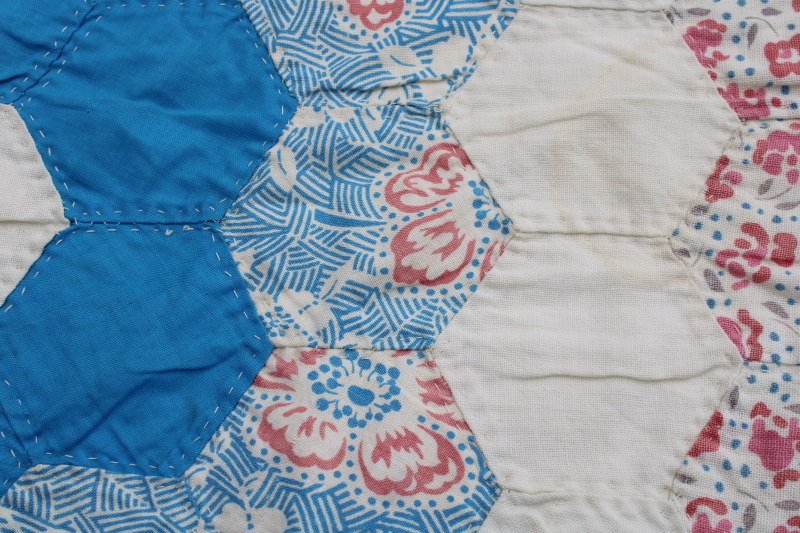 photo of 1940s 50s vintage grandma's flower garden quilt colorful cotton feed sack print hexies hand stitched quilting  #4