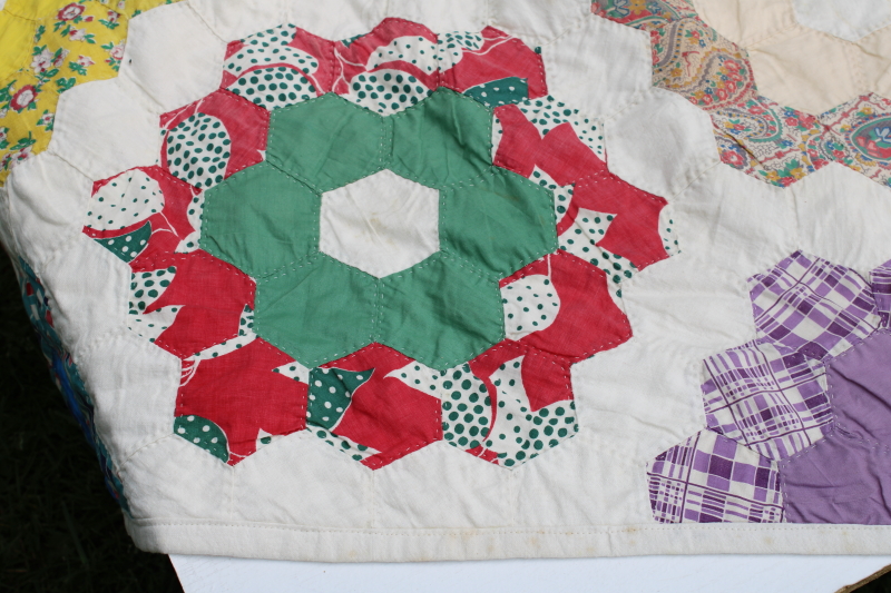 photo of 1940s 50s vintage grandma's flower garden quilt colorful cotton feed sack print hexies hand stitched quilting  #5