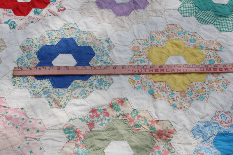 photo of 1940s 50s vintage grandma's flower garden quilt colorful cotton feed sack print hexies hand stitched quilting  #9
