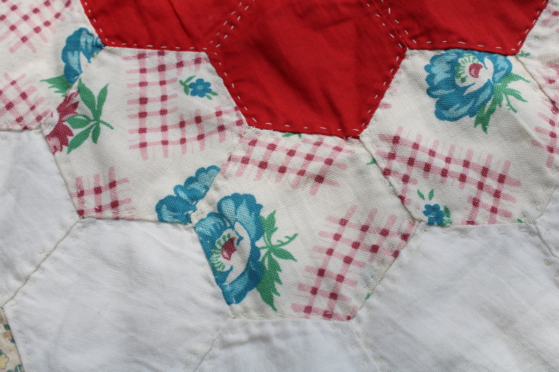 photo of 1940s 50s vintage grandma's flower garden quilt colorful cotton feed sack print hexies hand stitched quilting  #10
