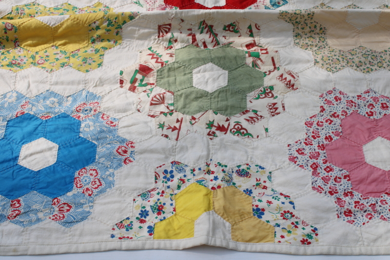 photo of 1940s 50s vintage grandma's flower garden quilt colorful cotton feed sack print hexies hand stitched quilting  #11