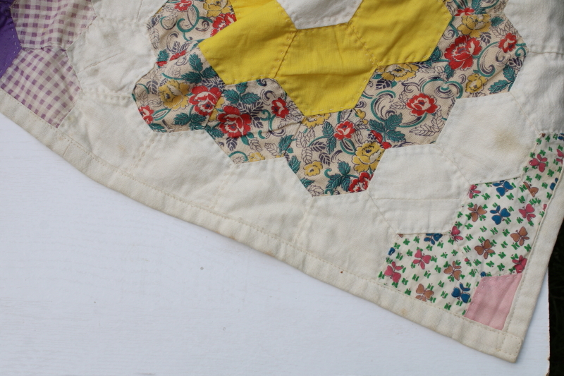 photo of 1940s 50s vintage grandma's flower garden quilt colorful cotton feed sack print hexies hand stitched quilting  #12