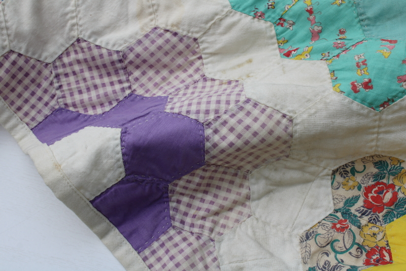 photo of 1940s 50s vintage grandma's flower garden quilt colorful cotton feed sack print hexies hand stitched quilting  #13