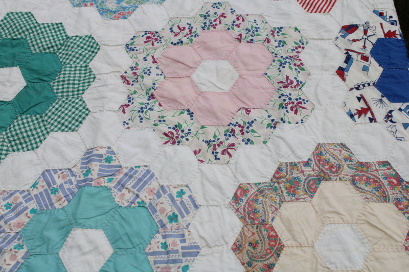 photo of 1940s 50s vintage grandma's flower garden quilt colorful cotton feed sack print hexies hand stitched quilting  #14