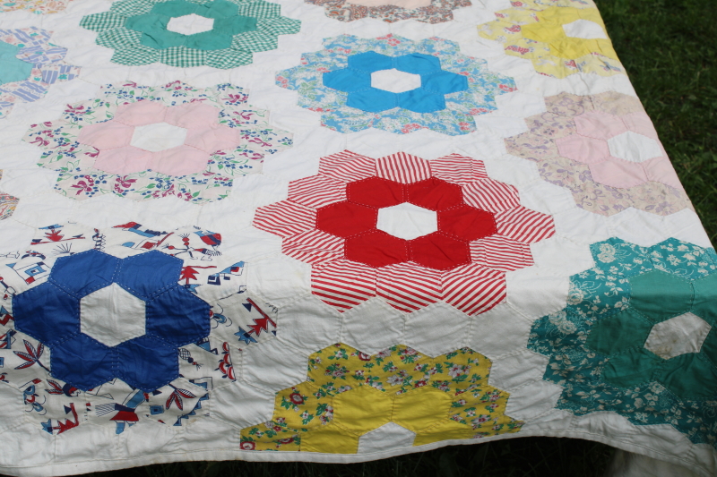 photo of 1940s 50s vintage grandma's flower garden quilt colorful cotton feed sack print hexies hand stitched quilting  #15