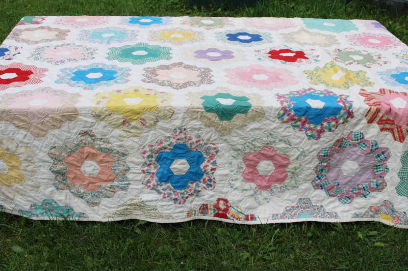 photo of 1940s 50s vintage grandma's flower garden quilt colorful cotton feed sack print hexies hand stitched quilting  #16