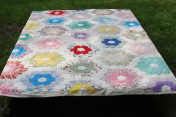 1940s 50s vintage grandma's flower garden quilt colorful cotton feed sack print hexies hand stitched quilting 