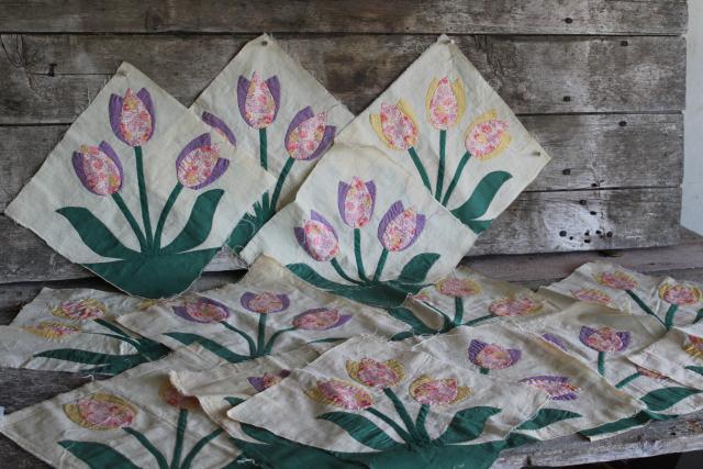 photo of 1940s 50s vintage hand stitched quilt blocks, tulip applique flower cotton prints #1