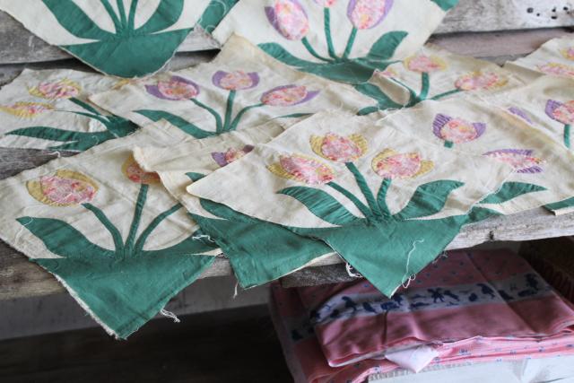 photo of 1940s 50s vintage hand stitched quilt blocks, tulip applique flower cotton prints #2