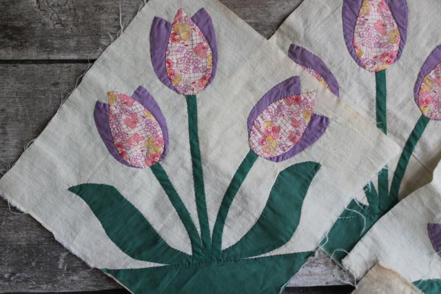 photo of 1940s 50s vintage hand stitched quilt blocks, tulip applique flower cotton prints #3