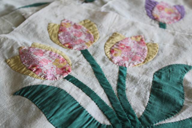 photo of 1940s 50s vintage hand stitched quilt blocks, tulip applique flower cotton prints #4