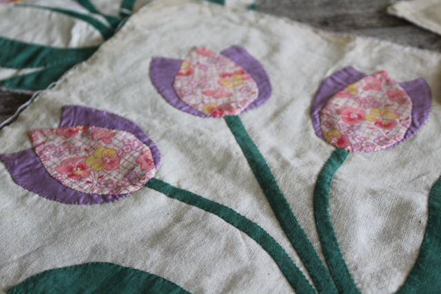 photo of 1940s 50s vintage hand stitched quilt blocks, tulip applique flower cotton prints #5